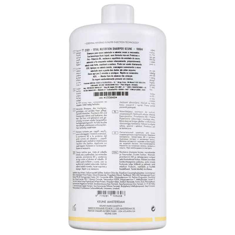 Frasco branco da linha Keune Care Vital Nutrition, contendo shampoo para cabelos secos e danificados. Rótulo com nome do produto e informações sobre o uso.