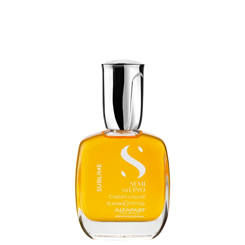 Frasco do óleo da linha Semi di Lino da Alfaparf Milano, com design elegante em vidro transparente e tampa metálica. O rótulo apresenta o nome da linha em letras brancas sobre fundo amarelo.