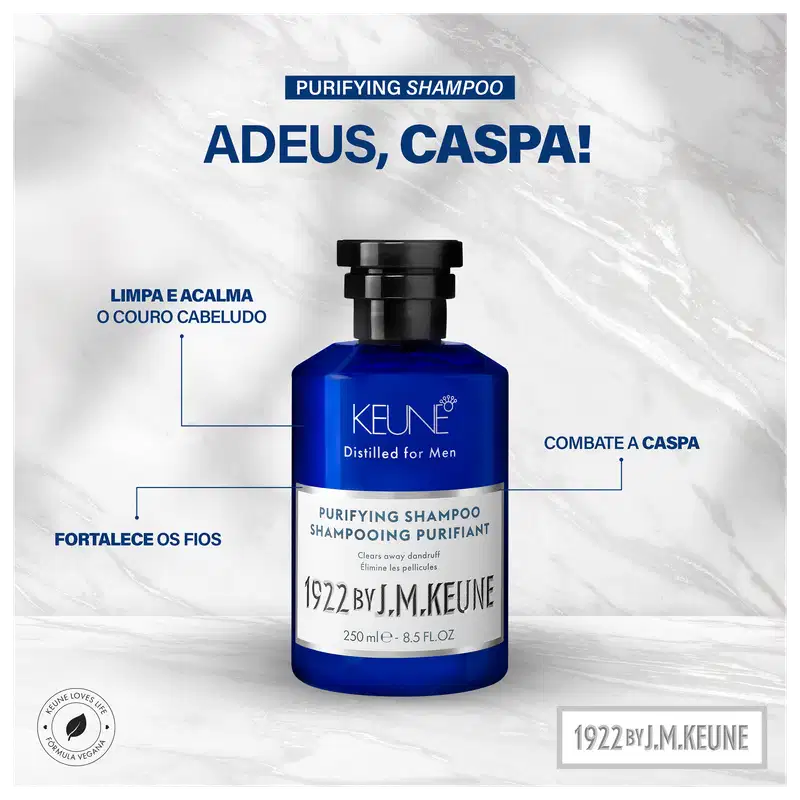 A imagem mostra um anúncio publicitário para o Shampoo Purificante da linha Keune Distilled for Men localizado no certo, com um fundo de pedra mármore cinza e branco, com dizeres em preto sobre os benefícios.