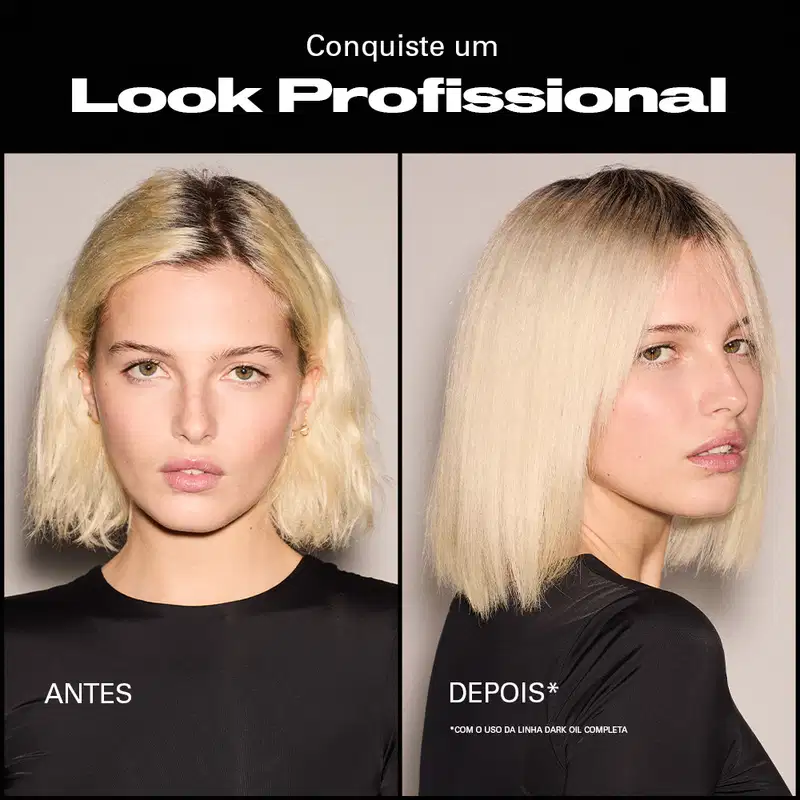 Conquiste um Look Profissional. ANTES: Mulher com cabelo loiro desalinhado. DEPOIS: Mulher com cabelo loiro liso e alinhado, com o uso da linha Dark Oil completa.