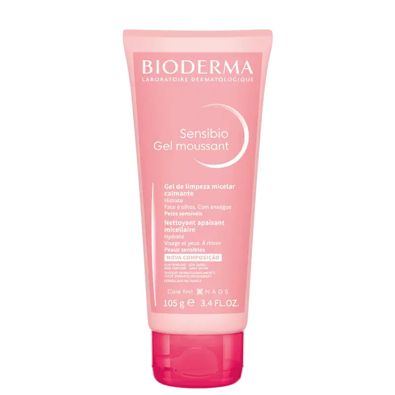 Tubo rosa de gel de limpeza micelar da marca Bioderma, com rótulo indicando "Sensibio Gel moussant" e informações sobre o produto em francês.