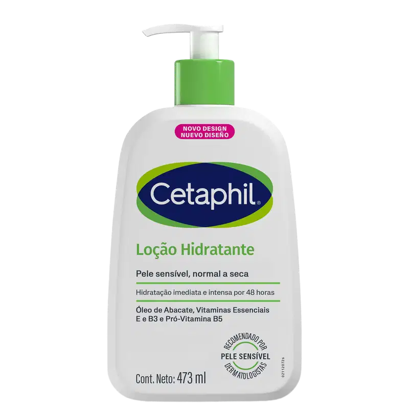 Frasco de loção hidratante da marca Cetaphil, com design moderno e cores verde e azul. Contém 473 ml e destaca-se o texto "Loção Hidratante" e "Pele sensível, normal a seca" na embalagem.