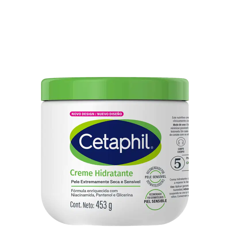 Creme hidratante Cetaphil para pele extremamente seca e sensível, com fórmula enriquecida com niacinamida, pantenol e glicerina, em embalagem plástica branca com tampa verde e rótulo azul e verde.