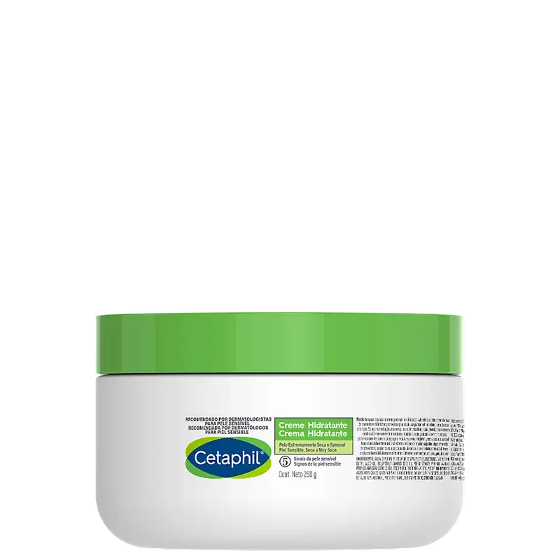 Creme hidratante Cetaphil em embalagem plástica branca e verde, com rótulo destacando os benefícios para pele sensível. Produto recomendado por dermatologistas, com 250g de conteúdo.
