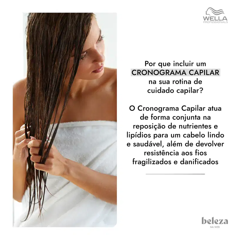 Mulher com cabelos escuros e molhados, segurando algumas mechas de cabelo com as mãos. O Cronograma Capilar da marca Wella Professionals, que atua na reposição de nutrientes e lipídios para um cabelo saudável e resistente a danos.