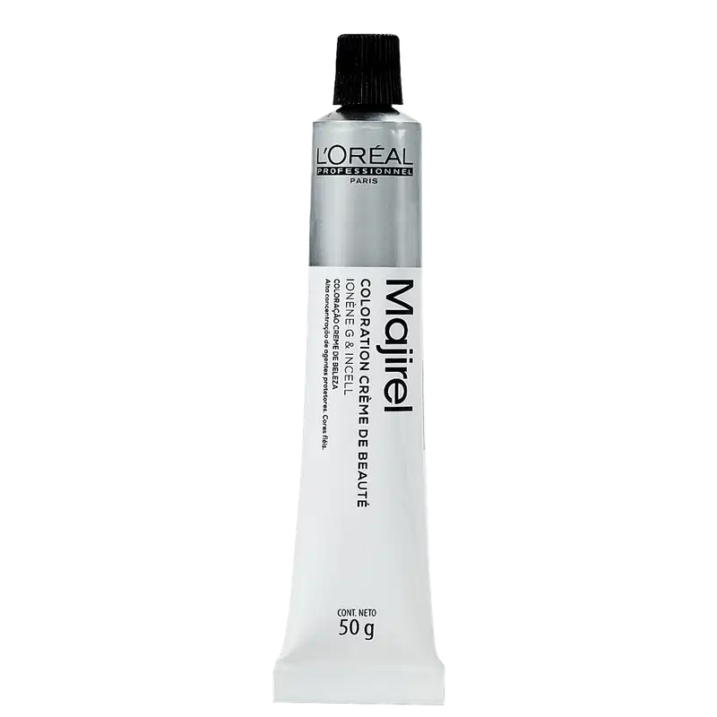 Produto de coloração capilar da linha L'Oréal Professionnel. Tubo plástico branco com tampa preta. Rótulo preto e branco com o nome "Majirel Color Glow" e descrição "Coloration Tonique Intense Durable" (Coloração Tônica Intensa Duradoura). Contém 50g.