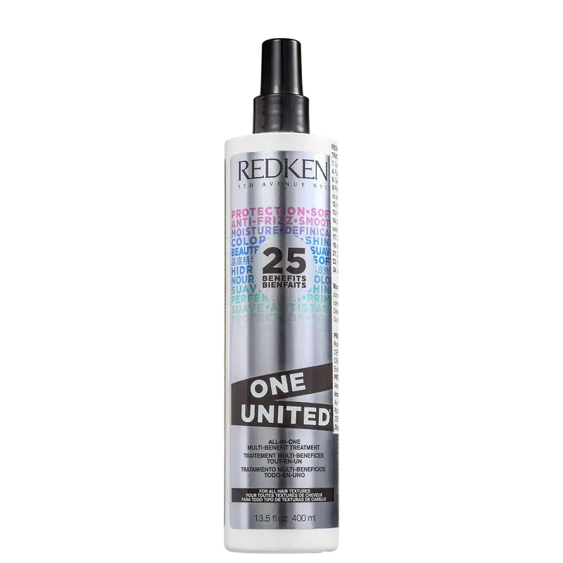 Frasco branco e preto da linha One United da Redken, um tratamento multifuncional com 25 benefícios para todos os tipos de cabelo, incluindo proteção contra frizz e definição da cor.