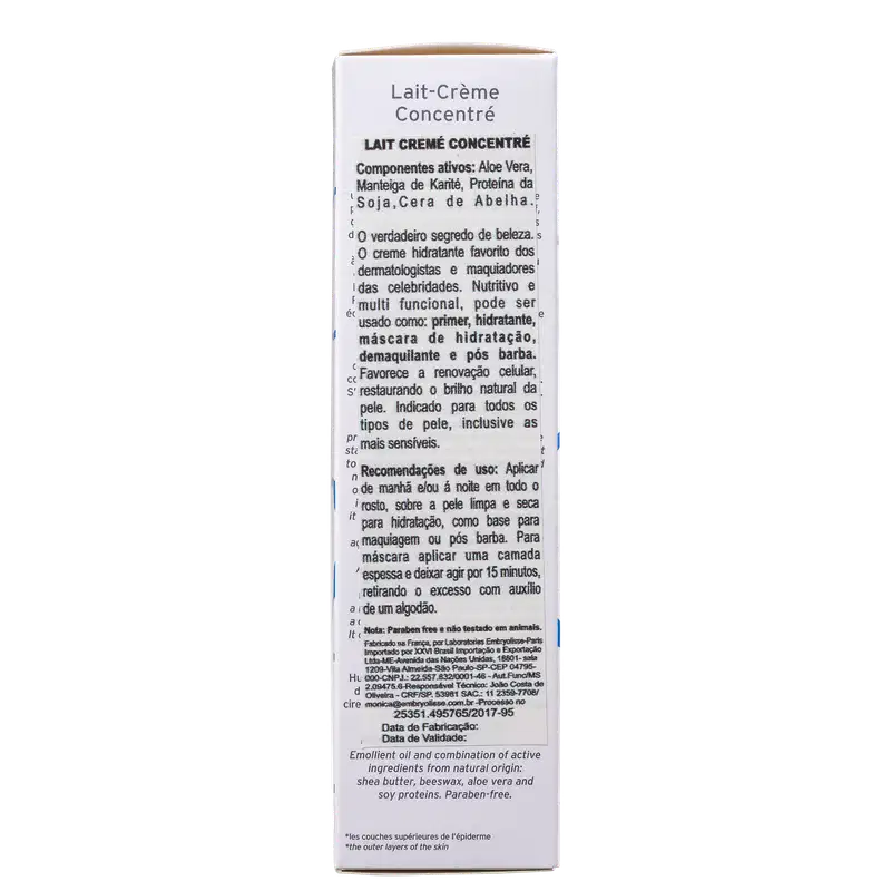 A imagem mostra o verso da caixa com informações sobre o modo de uso, características e ingredientes.