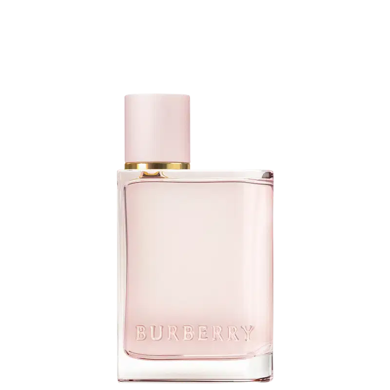 Frasco de item de perfumaria da marca Burberry, com embalagem de cor rosa clara e detalhes dourados.