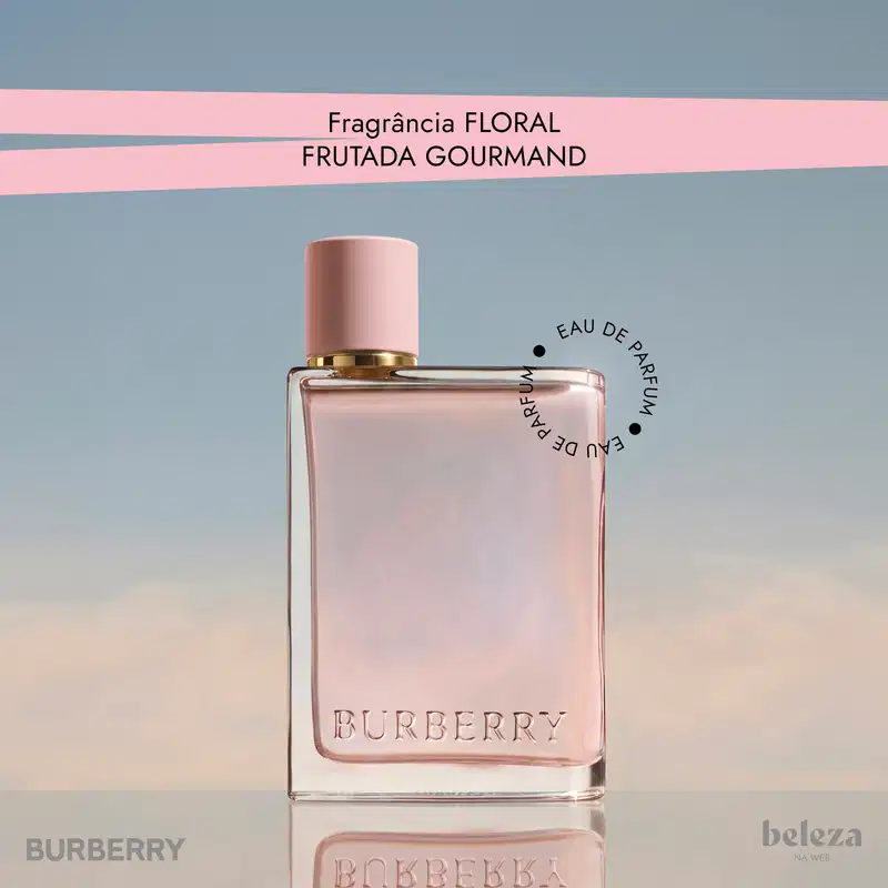 Frasco de item de perfumaria da marca Burberry com fragrância floral frutada gourmand, embalagem rosa com detalhes dourados.