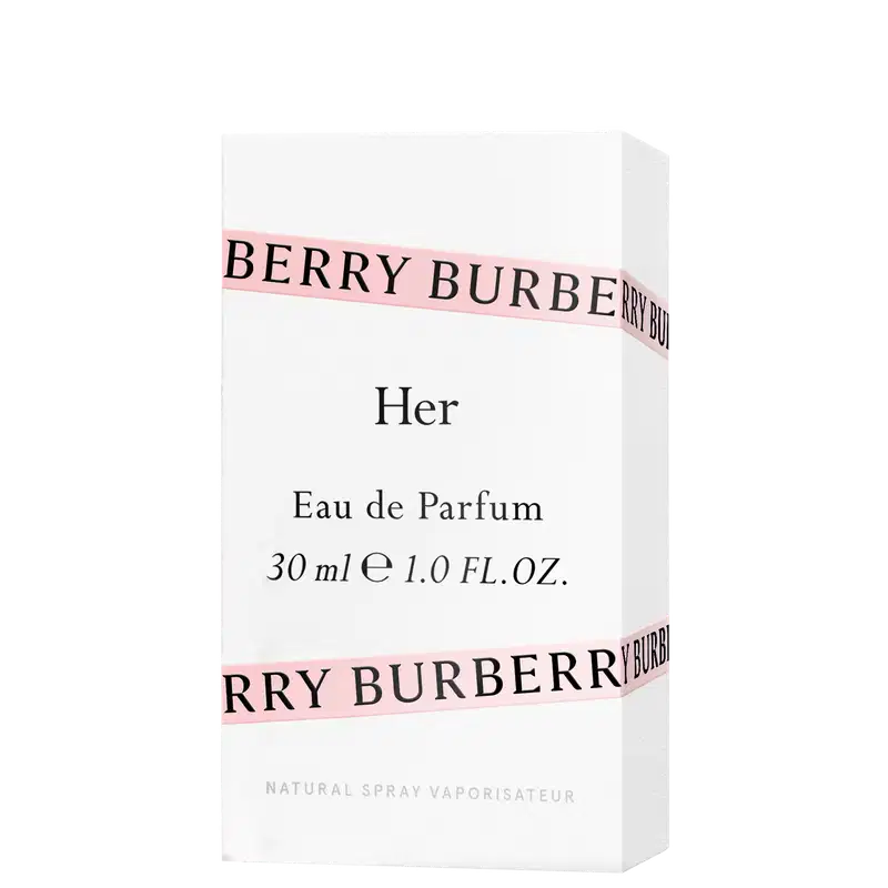 Embalagem branca de item de perfumaria da marca Burberry, com texto "Berry Burberry Her Eau de Parfum 30 ml 1.0 FL.OZ." em letras pretas e rosa.