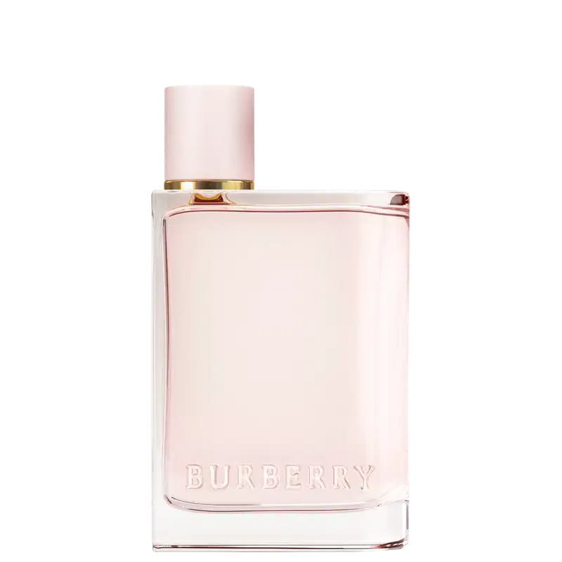 Frasco de perfume Burberry de cor rosa pálido com tampa dourada. O rótulo em destaque exibe o nome da marca "BURBERRY" em letras brancas.
