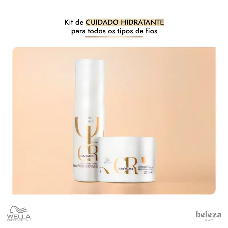 Dois produtos da linha Wella Professionals Oil Reflections: um frasco de shampoo luminoso e uma embalagem de máscara sublimadora, ambos com design minimalista em branco e dourado.