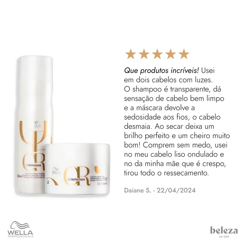 Dois produtos da linha Wella Professionals Oil Reflections: um frasco de shampoo luminoso e uma embalagem de máscara sublimadora, ambos com design minimalista em branco e dourado.