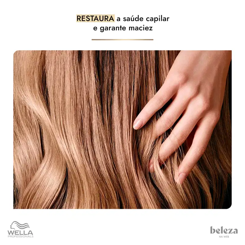 A imagem mostra uma textura de cabelos longos e lisos, em tons de castanho claro, com a marca Wella Professionals destacada. O foco está na qualidade e saúde capilar, sugerindo um ambiente de cuidados e tratamento de beleza.