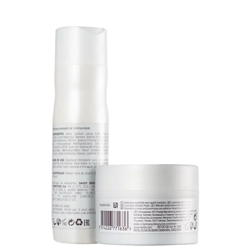 Dois produtos da linha Wella Professionals Oil Reflections: um frasco de shampoo luminoso e uma embalagem de máscara sublimadora, ambos com design minimalista em branco e dourado.