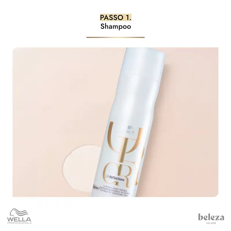 Frasco branco com rótulo dourado da linha Oil Reflections da Wella Professionals. Texto "PASSO 1. Shampoo" indica que se trata de um shampoo dessa linha de produtos.