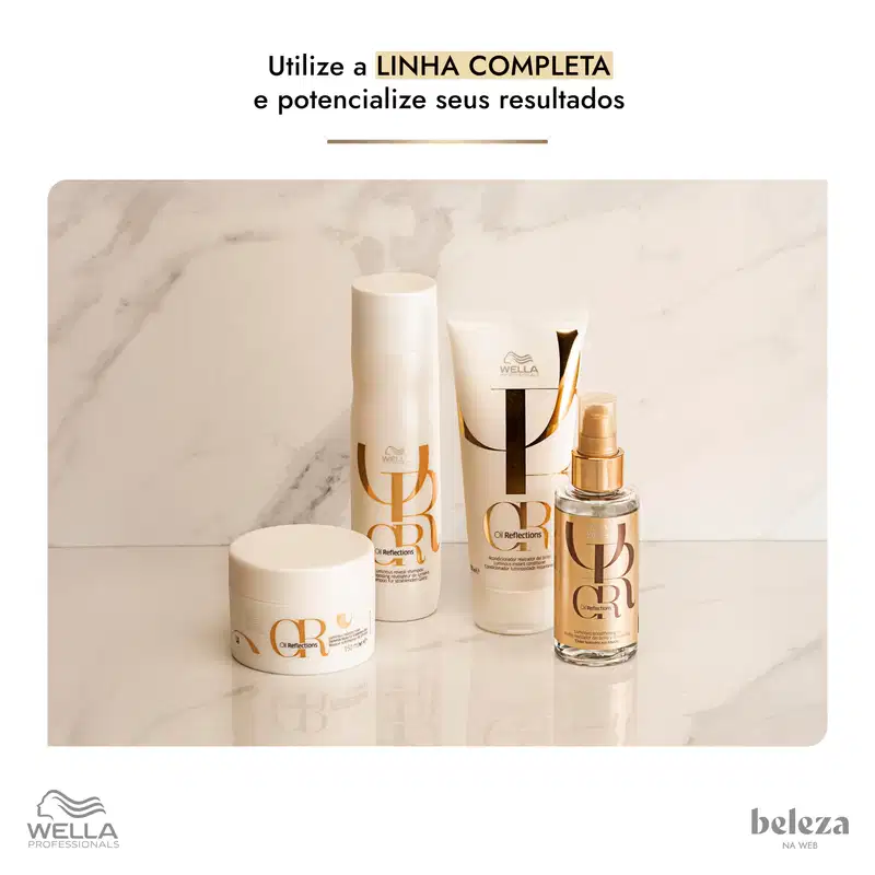 Linha completa de produtos Wella Professionals, incluindo frasco, tubo e recipiente em embalagens brancas e douradas, com logotipo da marca e textos promocionais sobre potencializar resultados.