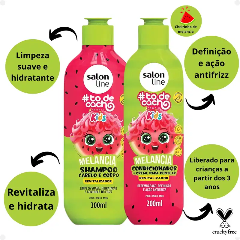 Texto destaca que os produtos oferecem limpeza suave, hidratação e ação antifrizz, revitalizam e são liberados para crianças a partir de 3 anos