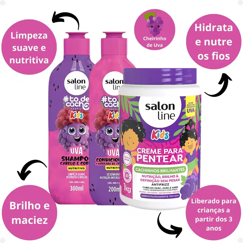 Kit Salon Line Kids: Shampoo e Condicionador + Creme para Pentear 1kg Uva