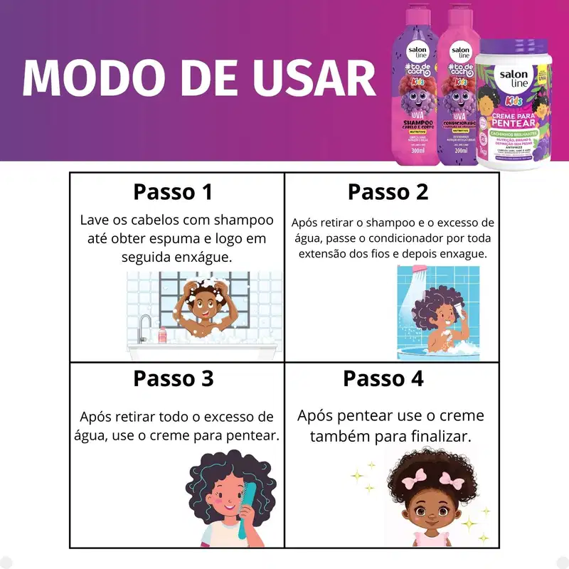 Kit Salon Line Kids: Shampoo e Condicionador + Creme para Pentear 1kg Uva