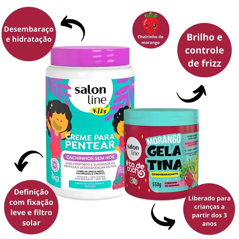 Kit Salon Line Kids: 1 Creme para Pentear e 1 Gelatina Desembaraçante Morango