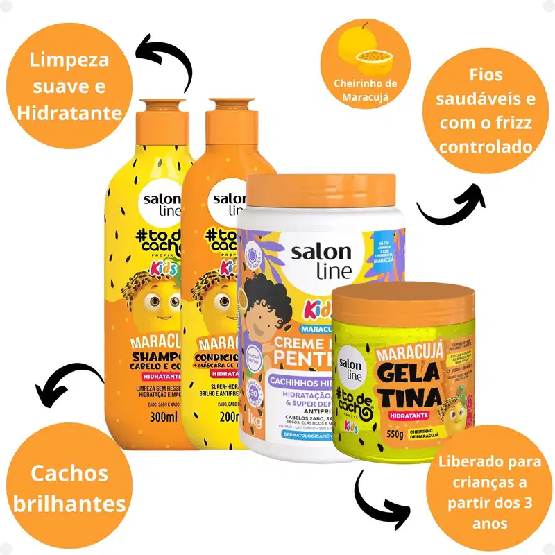 Kit Salon Line Kids: Shampoo e Condicionador + Creme para Pentear 1kg e Gelatina Hidratante Maracujá