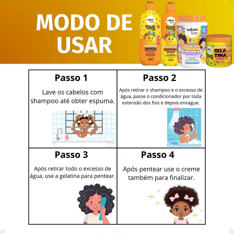 Kit Salon Line Kids: Shampoo e Condicionador + Creme para Pentear 1kg e Gelatina Hidratante Maracujá