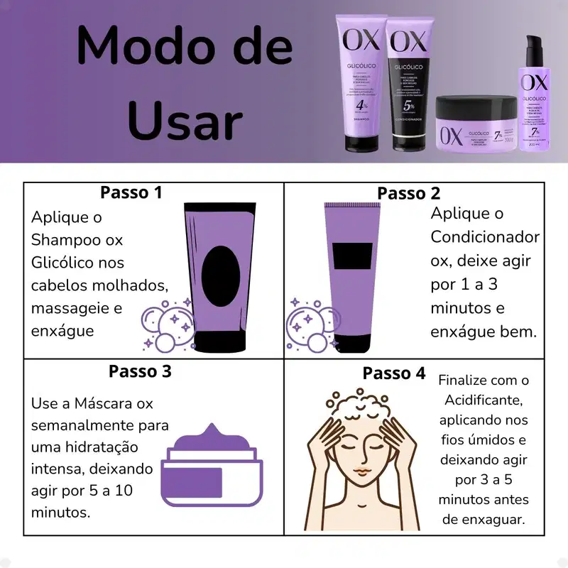Kit Ox Glicólico: Shampoo, Condicionador 240ml e Máscara + Acidificante