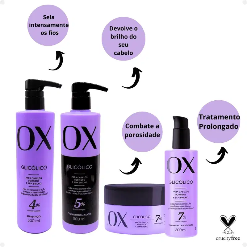 Kit Ox Glicólico: Shampoo, Condicionador 500ml e Máscara + Acidificante