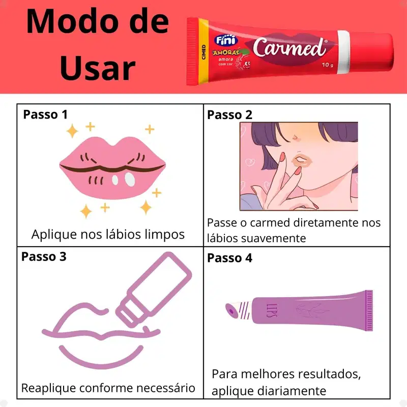 Passo a passo de aplicação do Hidratante Labial Carmed