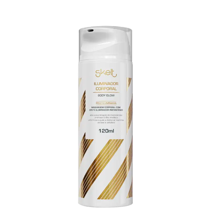 Frasco branco com rótulo dourado da linha Skelt, contendo "Iluminador Corporal Body Glow" com 120ml de volume. Embalagem com design moderno e linhas douradas, indicando um produto de beleza para iluminação e realce da pele.