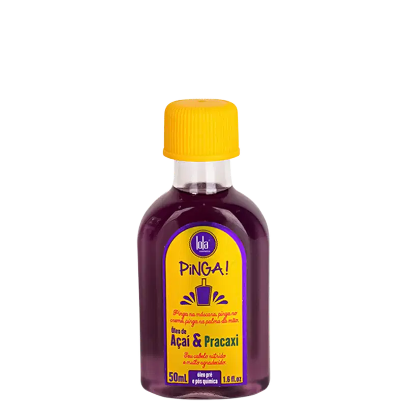 Frasco de vidro roxo com tampa amarela da linha Pinga! da marca Lola From Rio, contendo óleo de Açaí e Pracaxi, com rótulo destacando o nome do produto e seus ingredientes.