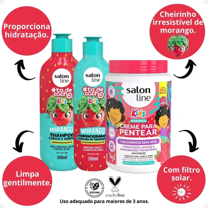 Kit Salon Line Kids: Shampoo e Condicionador + Creme para Pentear Morango