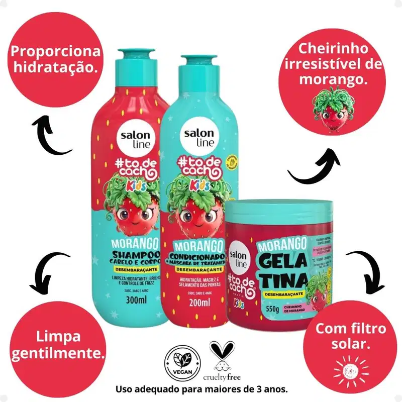 Kit Salon Line Kids: Shampoo e Condicionador + Gelatina Desembaraçante Morango