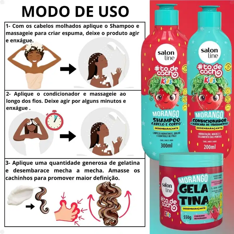 Kit Salon Line Kids: Shampoo e Condicionador + Gelatina Desembaraçante Morango