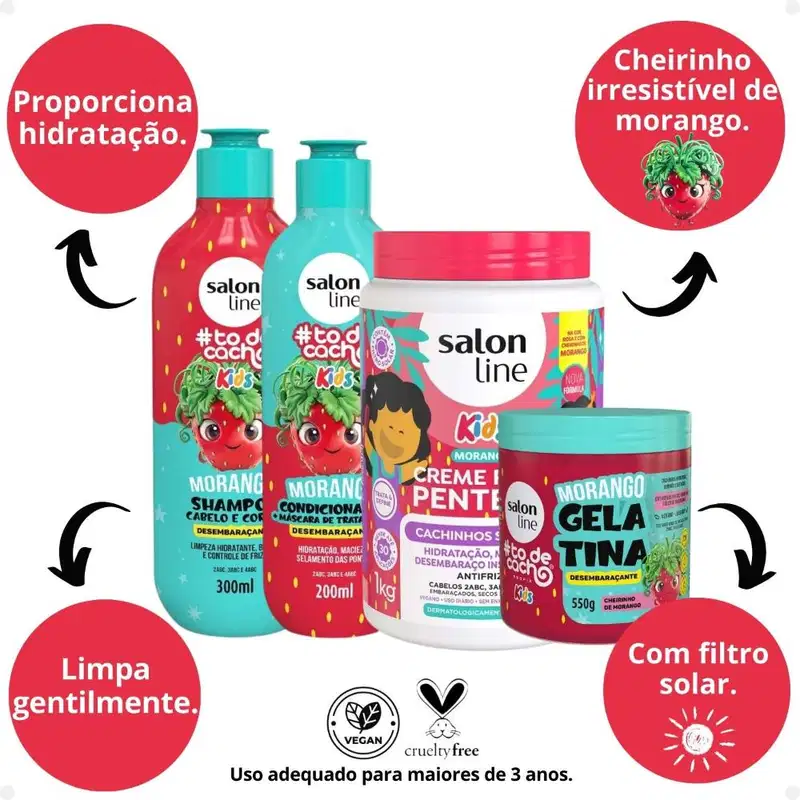 Kit Salon Line Kids: Shampoo e Condicionador + Creme para Pentear 1kg e Gelatina Desembaraçante Morango