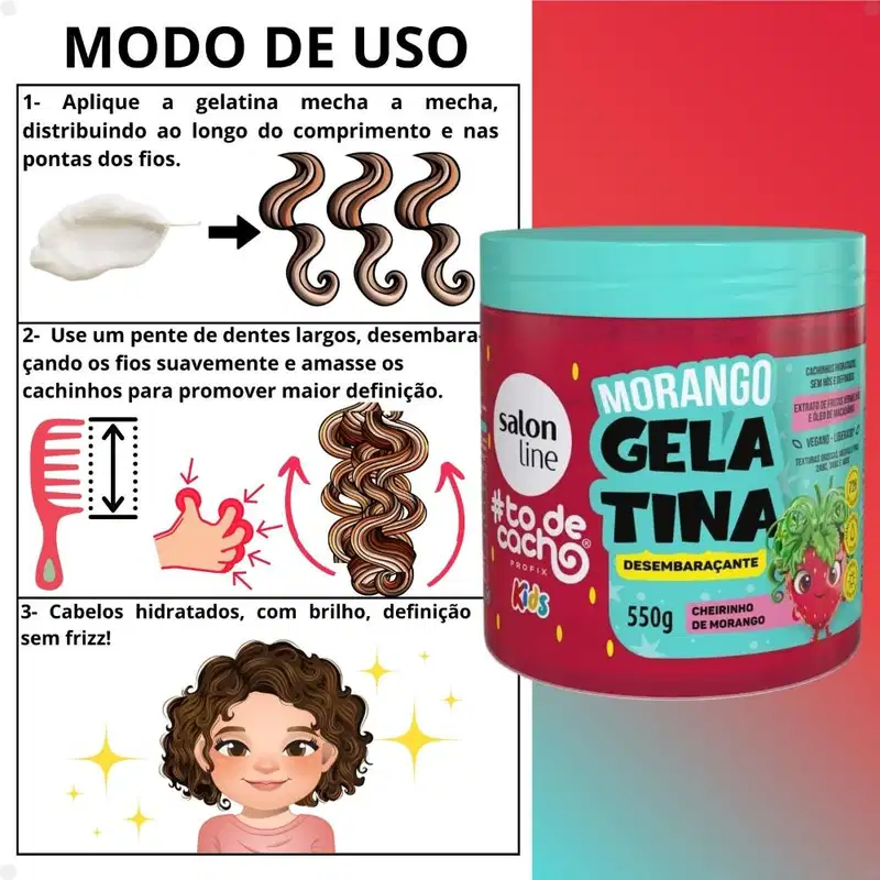 Kit Salon Line Kids: Shampoo e Condicionador + Creme para Pentear 1kg e Gelatina Desembaraçante Morango