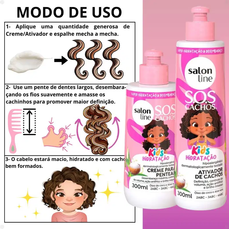 Kit Salon Line SOS Cachos Kids: Shampoo e Condicionador + Creme para Pentear, Ativador de Cachos e Máscara de Hidratação Intensa Hidratação