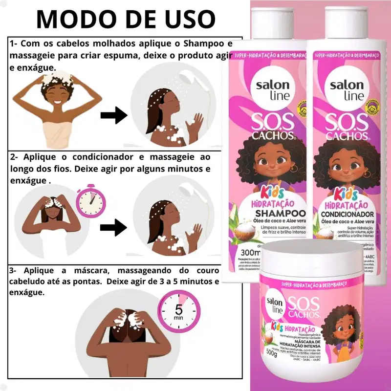 Kit Salon Line SOS Cachos Kids: Shampoo e Condicionador + Creme para Pentear, Ativador de Cachos e Máscara de Hidratação Intensa Hidratação