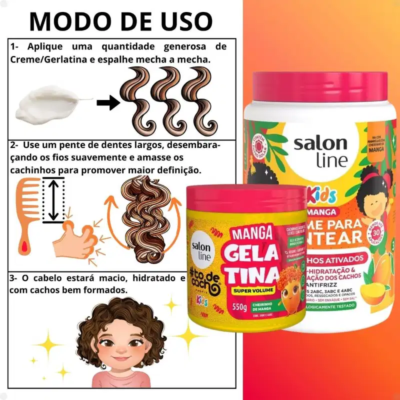 Kit Salon Line Kids: 1 Creme para Pentear Cachinhos Ativados e 1 Gelatina Super Volume Manga