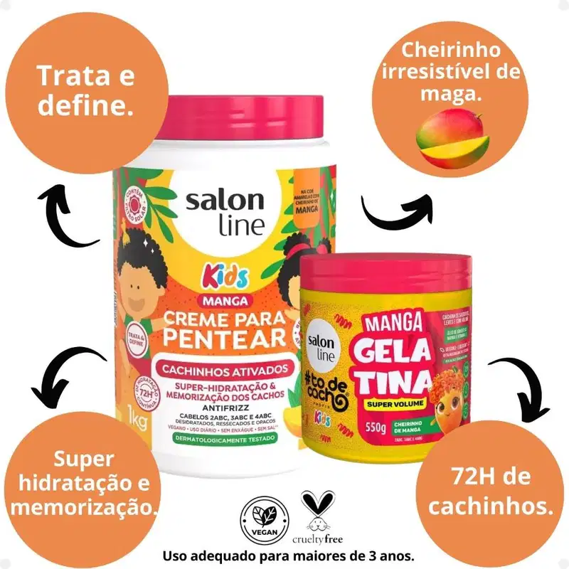 Kit Salon Line Kids: 1 Creme para Pentear Cachinhos Ativados e 1 Gelatina Super Volume Manga