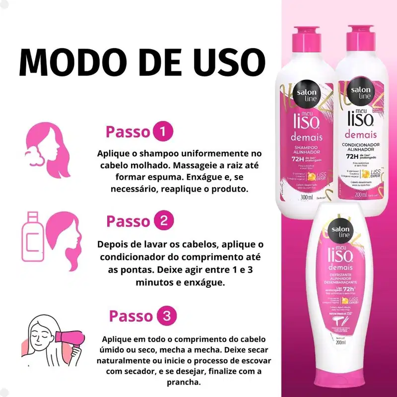 Kit Salon Line Meu Liso Demais Alinhador: Shampoo 300ml e Condicionador 200ml + Defrizante Desembaraçante 200ml