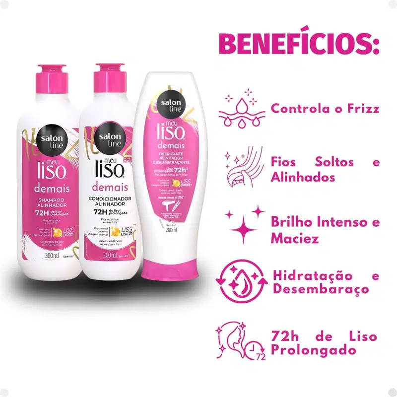Kit Salon Line Meu Liso Demais Alinhador: Shampoo 300ml e Condicionador 200ml + Defrizante Desembaraçante 200ml