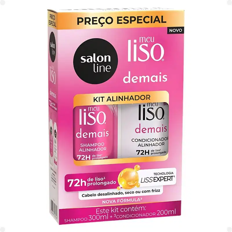 Kit Salon Line Meu Liso Demais Alinhador: Shampoo 300ml e Condicionador 200ml + Creme de Tratamento 300g e Spray Defrizante Desembaraçante 240ml