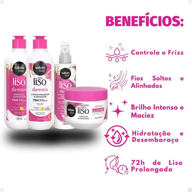 Kit Salon Line Meu Liso Demais Alinhador: Shampoo 300ml e Condicionador 200ml + Creme de Tratamento 300g e Spray Defrizante Desembaraçante 240ml