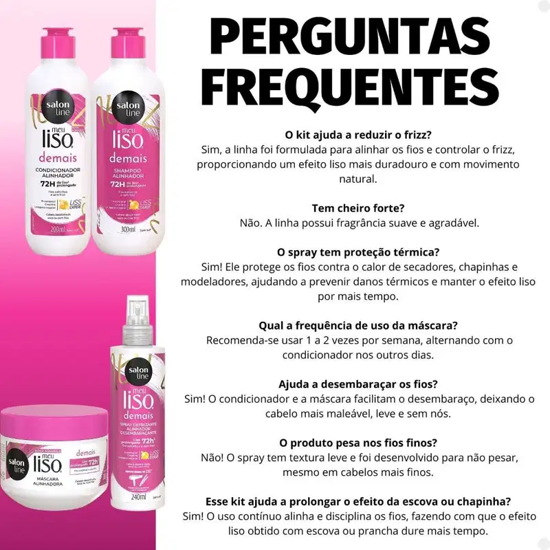 Kit Salon Line Meu Liso Demais Alinhador: Shampoo 300ml e Condicionador 200ml + Creme de Tratamento 300g e Spray Defrizante Desembaraçante 240ml