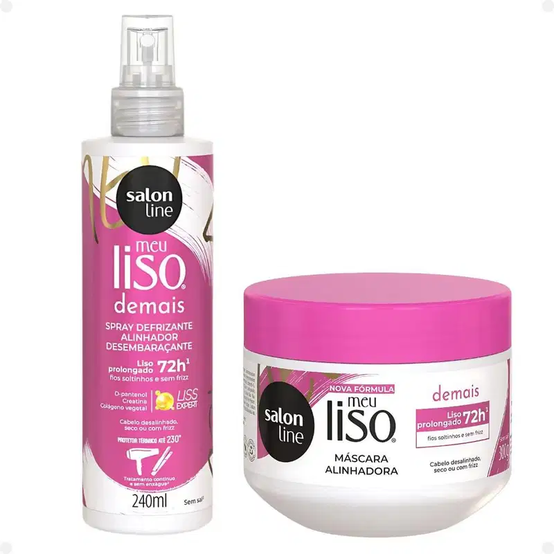 Kit Salon Line Meu Liso Demais Alinhador: Shampoo 300ml e Condicionador 200ml + Creme de Tratamento 300g e Spray Defrizante Desembaraçante 240ml