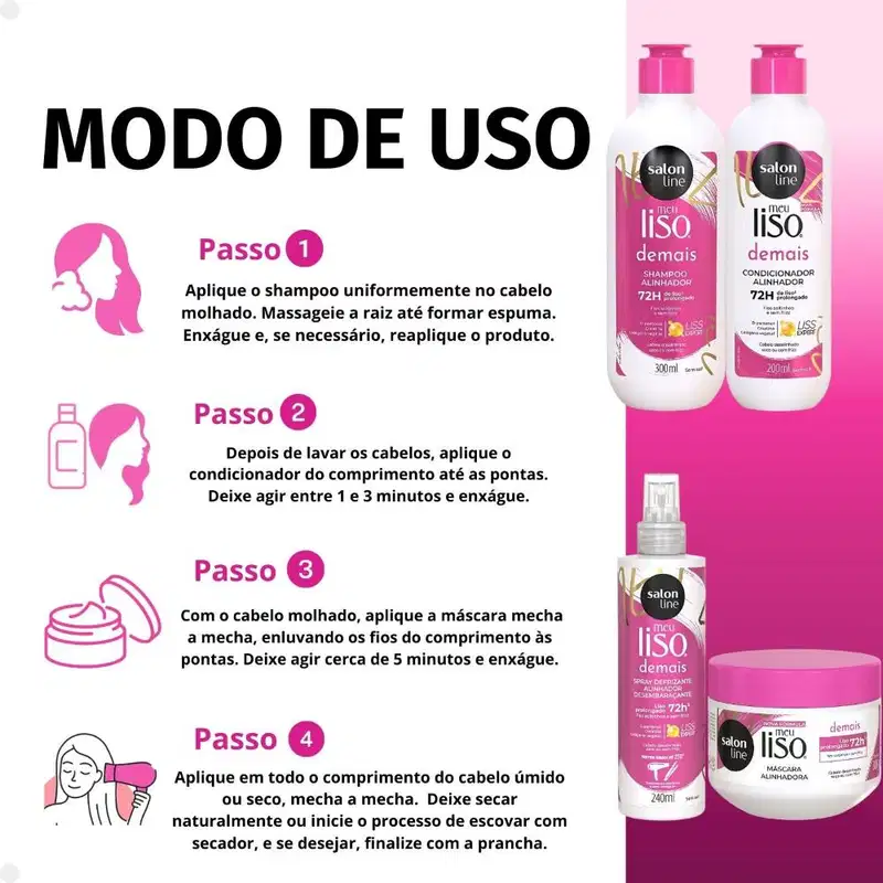 Kit Salon Line Meu Liso Demais Alinhador: Shampoo 300ml e Condicionador 200ml + Creme de Tratamento 300g e Spray Defrizante Desembaraçante 240ml