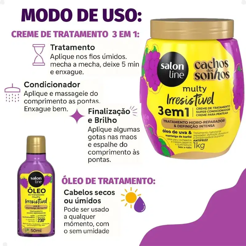 Kit Salon Line Multy Irrestível: 1 Creme 3 em 1 e 1 Óleo Uva